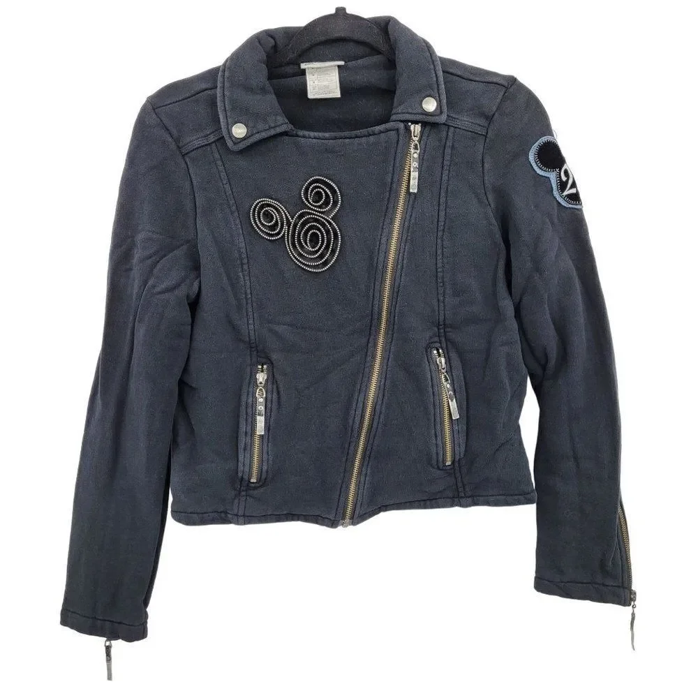 Disney Parks Disneyland Moto Jacket Sweatshirt M Black Sequined Mickey‎ 3D Zip